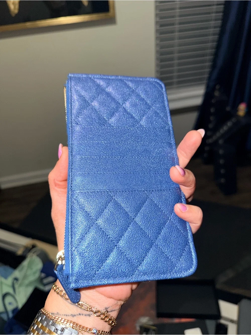 CHANEL Quilted Metallic Blue Zip Card Holder Wallet